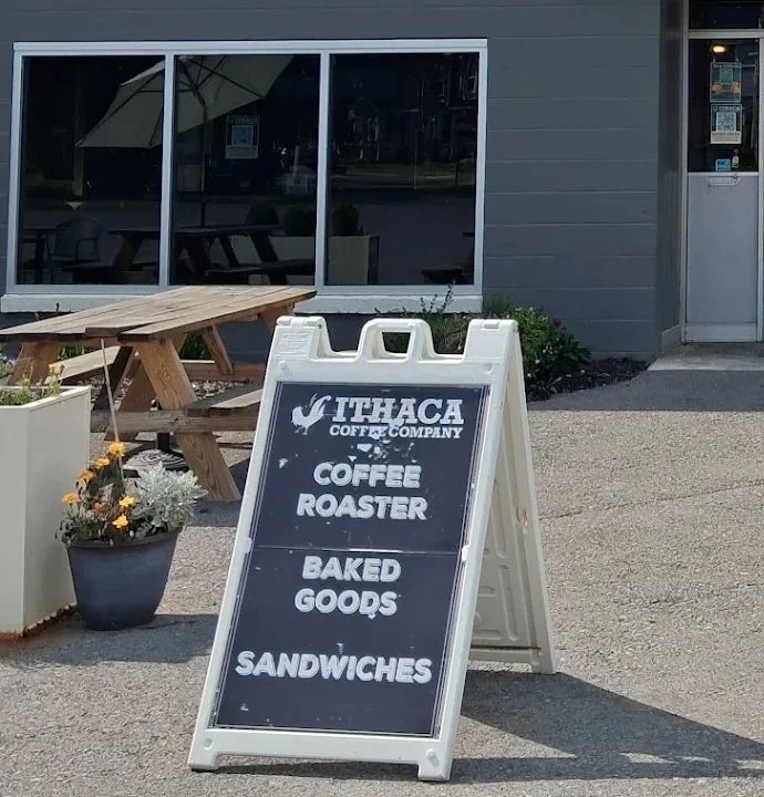 The sandwich board outside the Ithaca Coffee Company café
